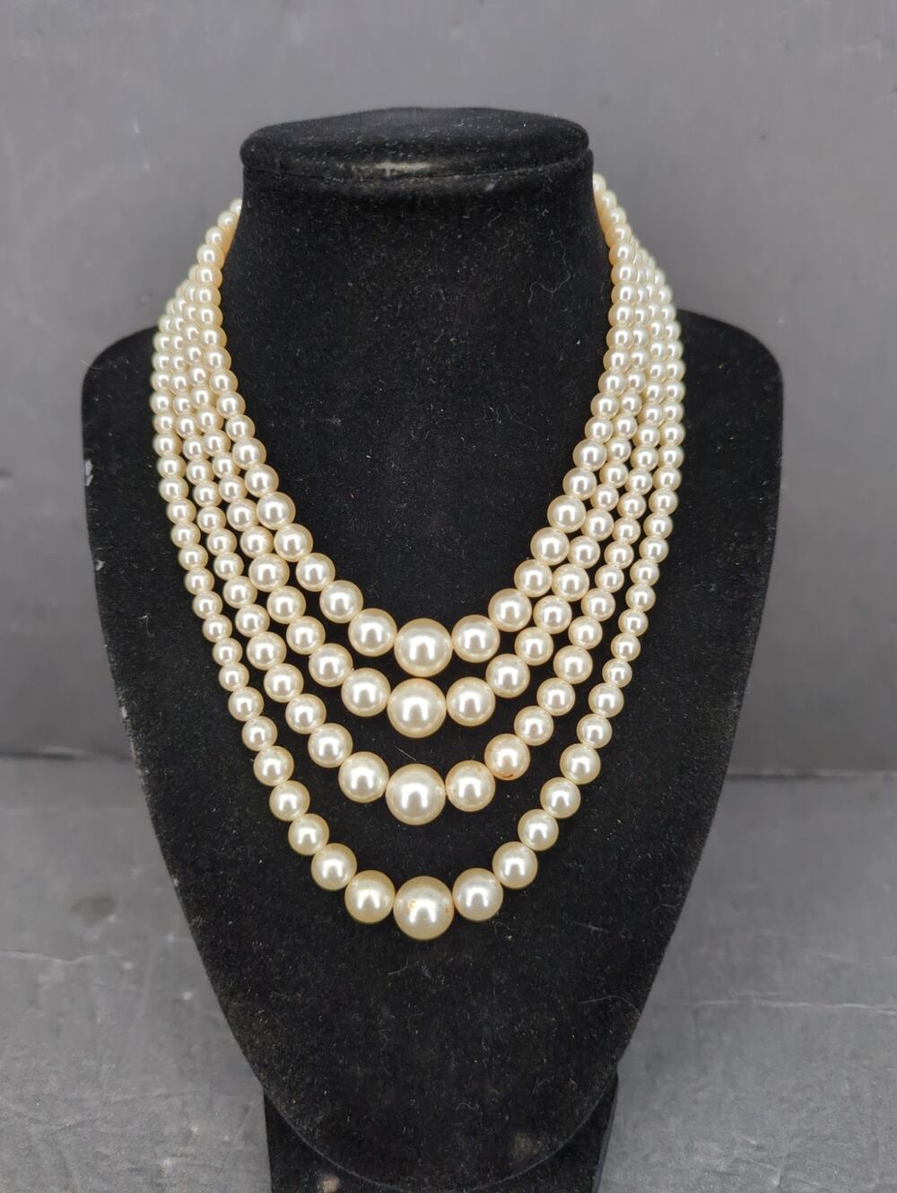 Vintage Multi Strand Faux Pearl Rhinestone Choker Collar Necklace French Country